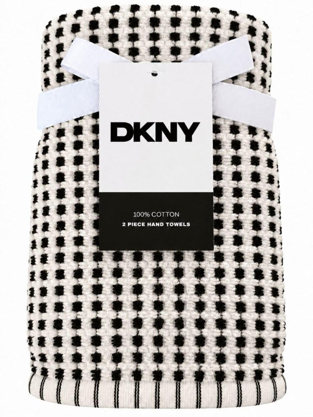 DKNY Hand Towels Set of 2 Black Ivory Check Dot Cotton 16x28 Country Cabin